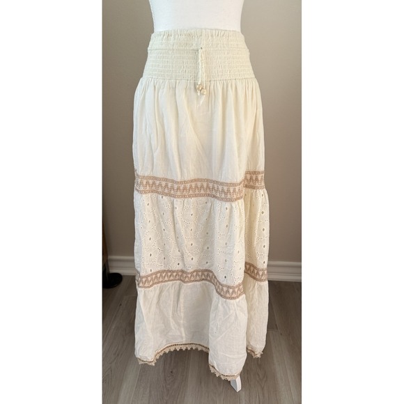 Deja Bleu Dresses & Skirts - Boho Cottagecore Cotton Eyelet Maxi Skirt Smocked Waist Cream Small